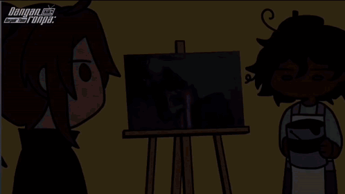 A Cartoon Of A Man Looking At A Painting On An Easel With Danganronpa Written On The Bottom GIF