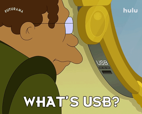 A Cartoon Of A Man Looking At A Usb Port And The Words What 'S Usb GIF