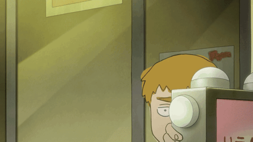 A Cartoon Of A Man Looking At Himself In A Mirror With A Sign Above Him That Says Bingo GIF