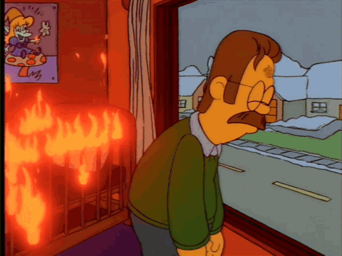 A Cartoon Of A Man Looking Out A Window At A Burning Fireplace GIF