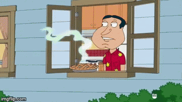 A Cartoon Of A Man Looking Out Of A Window With A Pie On It GIF