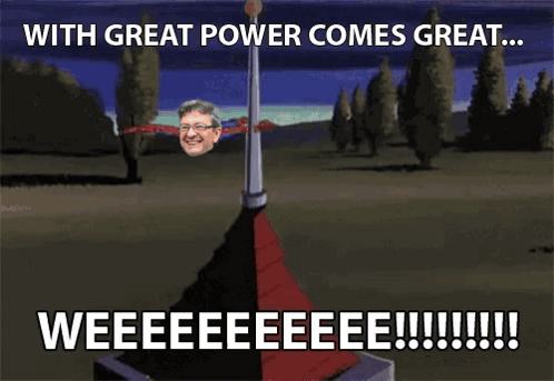 A Cartoon Of A Man On A Pole With The Words " With Great Power Comes Great ... Weeeeeeeee !!! " GIF