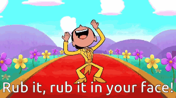 A Cartoon Of A Man On A Red Carpet With The Words Rub It Rub It In Your Face Below Him GIF