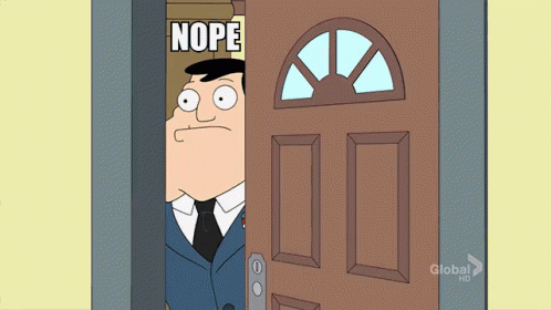a cartoon of a man peeking out of a door that says nope on it