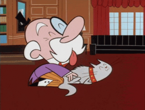 A Cartoon Of A Man Petting A Cat With His Tongue Hanging Out GIF