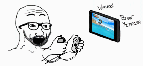 A Cartoon Of A Man Playing A Game With The Words " Bing " And " Wahoo " GIF