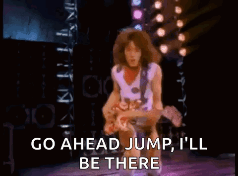 A Cartoon Of A Man Playing A Guitar With The Words Go Ahead Jump I 'Ll Be There GIF