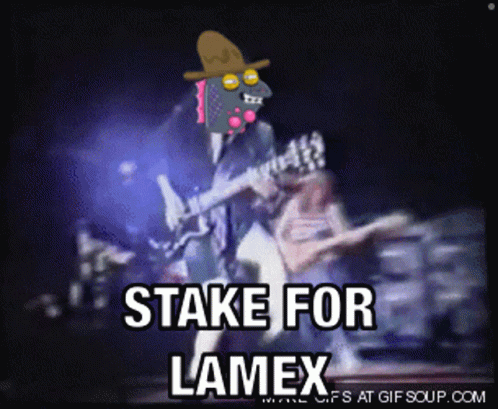 A Cartoon Of A Man Playing A Guitar With The Words " Stake For Lamex " Below Him GIF