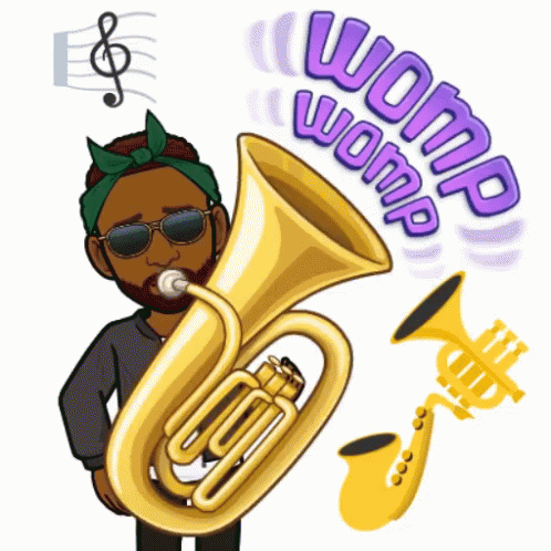 A Cartoon Of A Man Playing A Tuba And A Saxophone With The Words Womp Womp Behind Him GIF