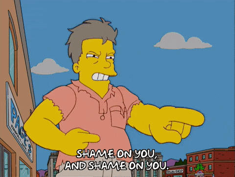 A Cartoon Of A Man Pointing At A Boy With The Words " Shame On You And Shame On You " Below Him GIF