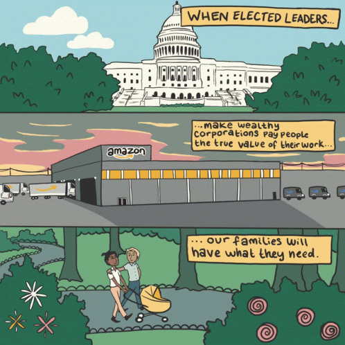 A Cartoon Of A Man Pushing A Baby In Front Of An Amazon Building GIF
