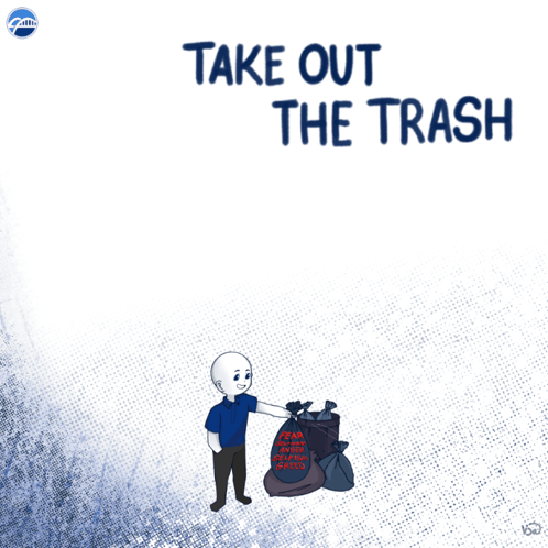 a cartoon of a man putting a bag of trash into a trash can