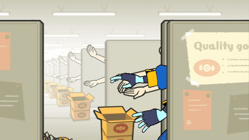 A Cartoon Of A Man Reaching For A Box With A Sign That Says Quality Go GIF
