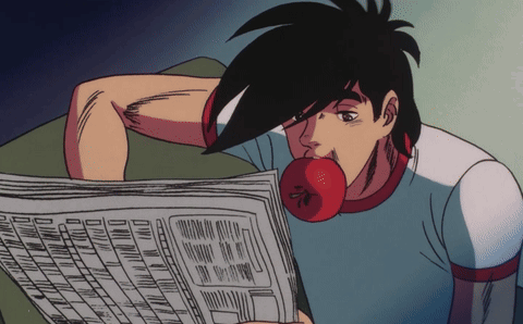 A Cartoon Of A Man Reading A Newspaper With An Apple In His Mouth GIF