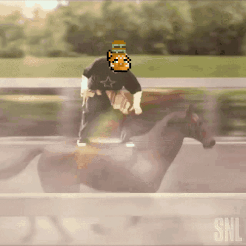 A Cartoon Of A Man Riding A Horse With A Snl Logo In The Background GIF