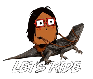 a cartoon of a man riding a lizard with the words let 's ride below