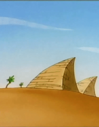 A Cartoon Of A Man Riding A Motorcycle In A Desert GIF