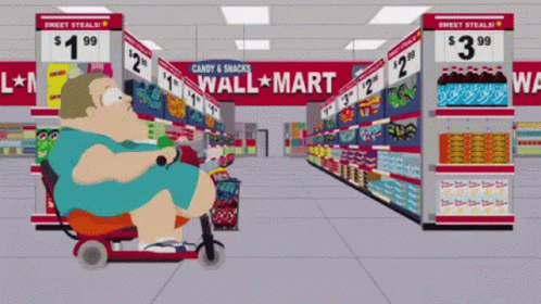 A Cartoon Of A Man Riding A Scooter In A Wal Mart GIF