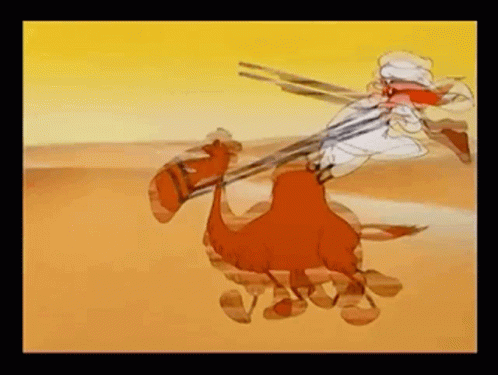 A Cartoon Of A Man Riding On The Back Of A Camel In The Desert GIF