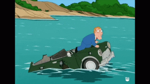 A Cartoon Of A Man Riding On The Back Of A Green Car In The Water GIF