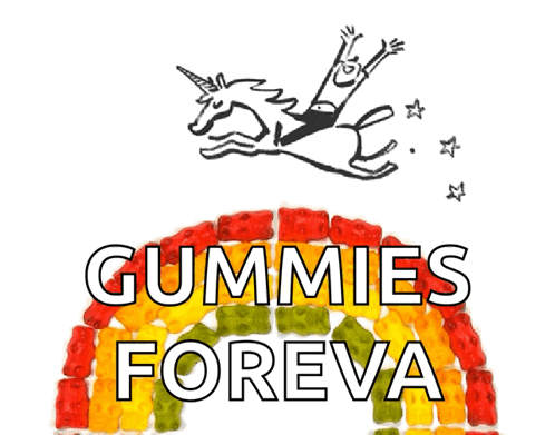 A Cartoon Of A Man Riding On The Back Of A Unicorn With The Words Gummies Foreva Below It GIF