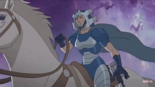 A Cartoon Of A Man Riding On The Back Of A White Horse With A Hammer In His Hand GIF