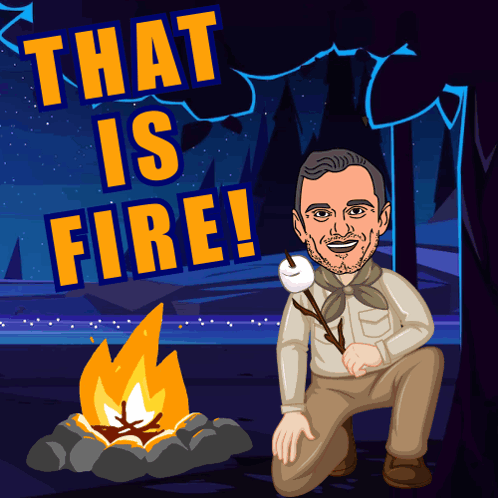 A Cartoon Of A Man Roasting Marshmallows In Front Of A Fire With The Words That Is Fire Above Him GIF