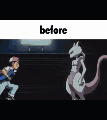 a cartoon of a man running away from a purple and white pokemon with the words before below it