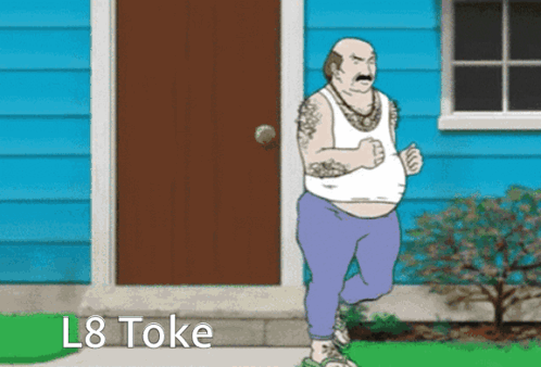 Cartoon Man Running In Front Of Blue House GIF