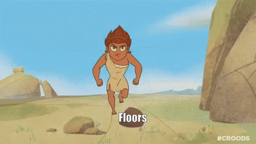 A Cartoon Of A Man Running On A Rock With The Words Floors Written Below Him GIF