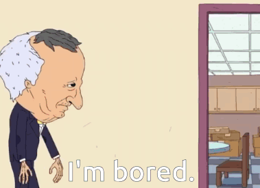 a cartoon of a man saying i 'm bored in front of a door