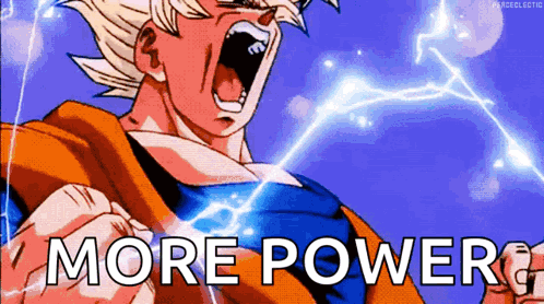 A Cartoon Of A Man Screaming With The Words " More Power " Below Him GIF