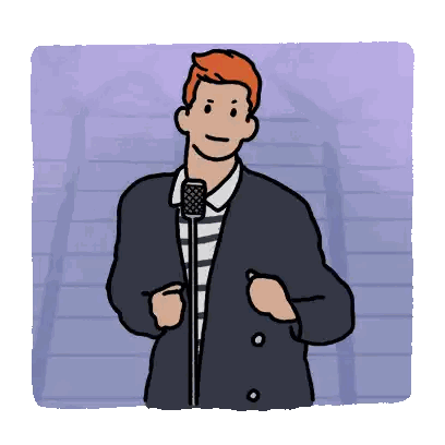 a cartoon of a man singing into a microphone with a purple background