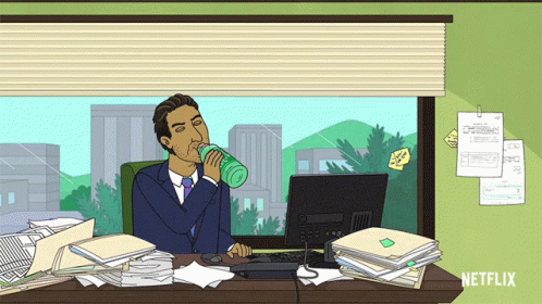 A Cartoon Of A Man Sitting At A Desk Drinking From A Green Bottle With Netflix Written On The Bottom GIF
