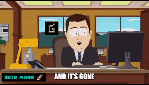 A Cartoon Of A Man Sitting At A Desk With A Computer And The Words And It 'S Gone Below Him GIF