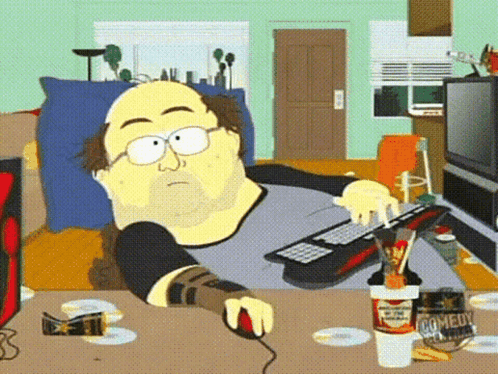 A Cartoon Of A Man Sitting At A Desk With A Keyboard And A Can Of Comedy Crackers GIF