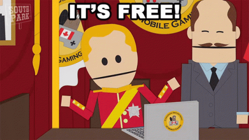 A Cartoon Of A Man Sitting At A Desk With A Laptop And The Words " It 'S Free " Above Him GIF