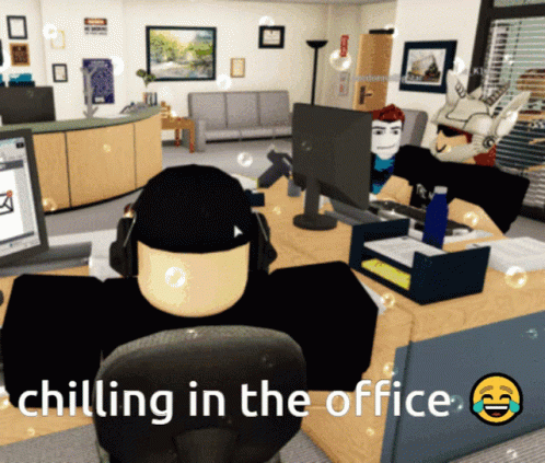 A Cartoon Of A Man Sitting At A Desk With The Caption Chilling In The Office GIF
