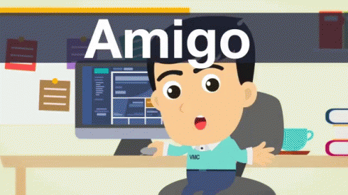 a cartoon of a man sitting at a desk with the word amigo on the top