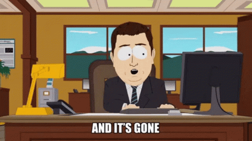 A Cartoon Of A Man Sitting At A Desk With The Words " And It 'S Gone " GIF