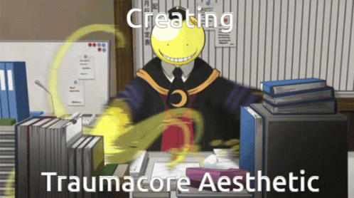 A Cartoon Of A Man Sitting At A Desk With The Words Creating Traumacore Aesthetic GIF