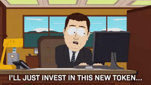 A Cartoon Of A Man Sitting At A Desk With The Words I 'Ll Just Invest In This GIF