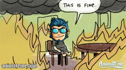 A Cartoon Of A Man Sitting At A Table Saying " This Is Fine " GIF