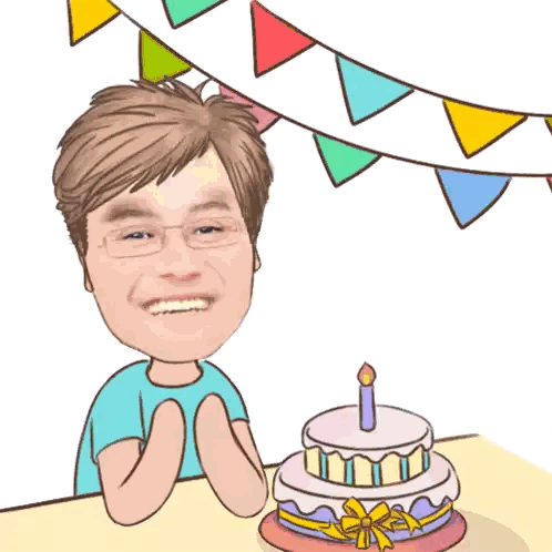 a cartoon of a man sitting at a table with a birthday cake
