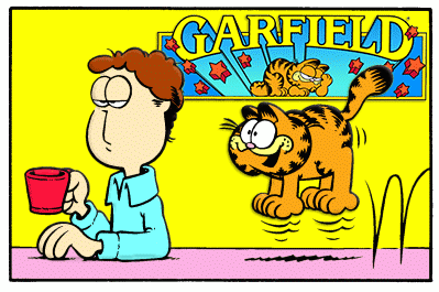 A Cartoon Of A Man Sitting At A Table With A Cup Of Coffee And Garfield In The Background GIF