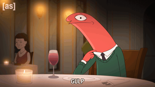 A Cartoon Of A Man Sitting At A Table With A Glass Of Wine And The Word Gulp On The Bottom GIF