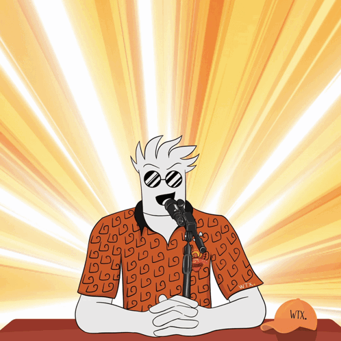 A Cartoon Of A Man Sitting At A Table With A Microphone And A Hat That Says Wix GIF