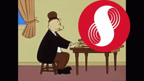 A Cartoon Of A Man Sitting At A Table With A Red Circle With A White S On It GIF