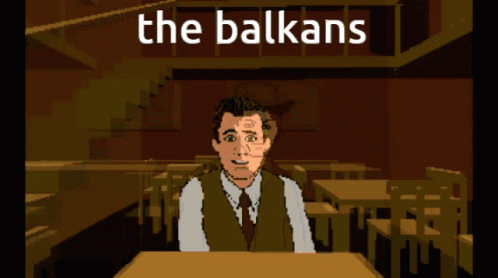 A Cartoon Of A Man Sitting At A Table With The Words The Balkans Behind Him GIF