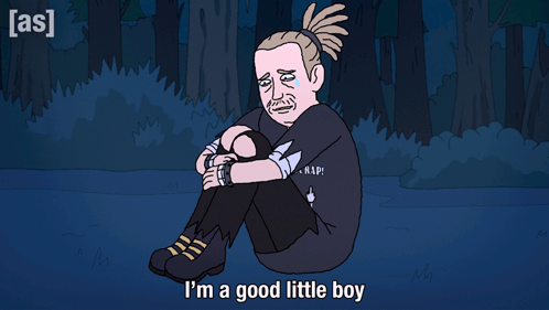 A Cartoon Of A Man Sitting Down With The Words I 'M A Good Little Boy Above Him GIF